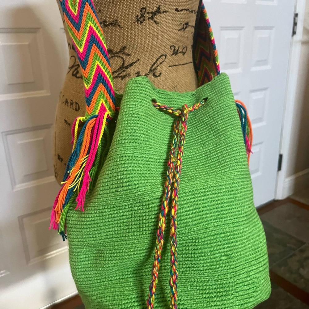 Bright Green Wayuu Handmade Boho Crossbody Hippie Large Bucket Bag